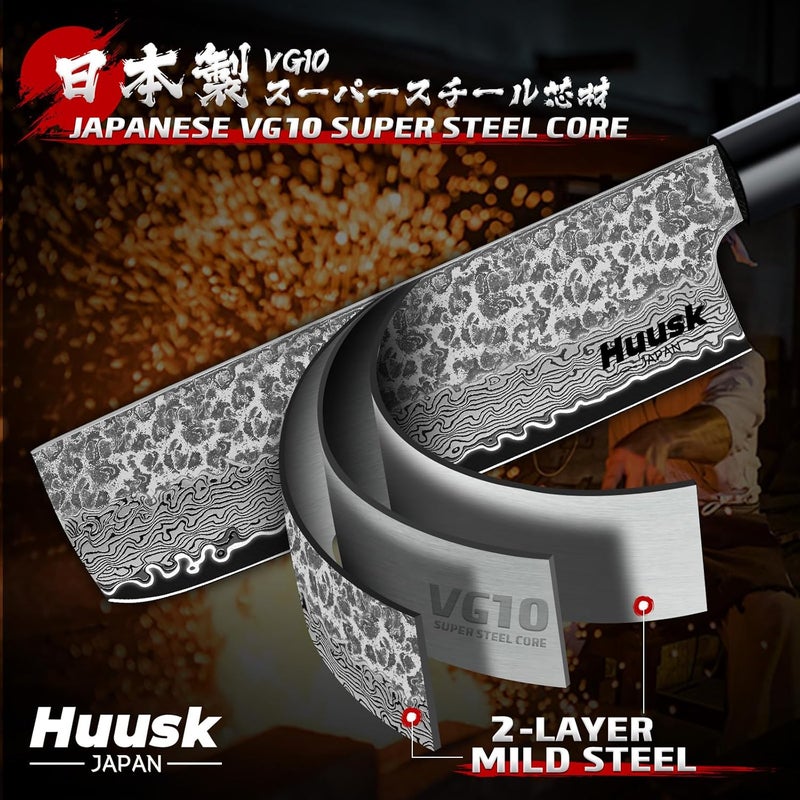 Huusk Japanese Nakiri Knife 7-Inch - Hand Forged Meat Cleaver Vegetable Chopping Knife, VG10 Damascus Chef Knives with Rosewood Handle, Japanese Kitchen Knives for Cooking, Gifts for Men - Image 3