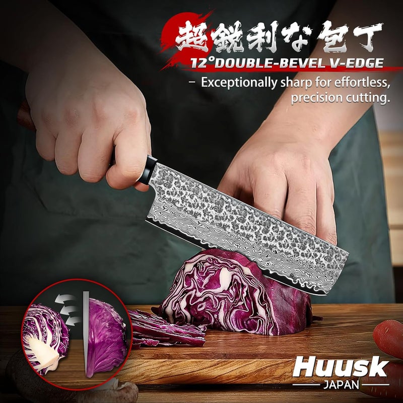Huusk Japanese Nakiri Knife 7-Inch - Hand Forged Meat Cleaver Vegetable Chopping Knife, VG10 Damascus Chef Knives with Rosewood Handle, Japanese Kitchen Knives for Cooking, Gifts for Men - Image 4