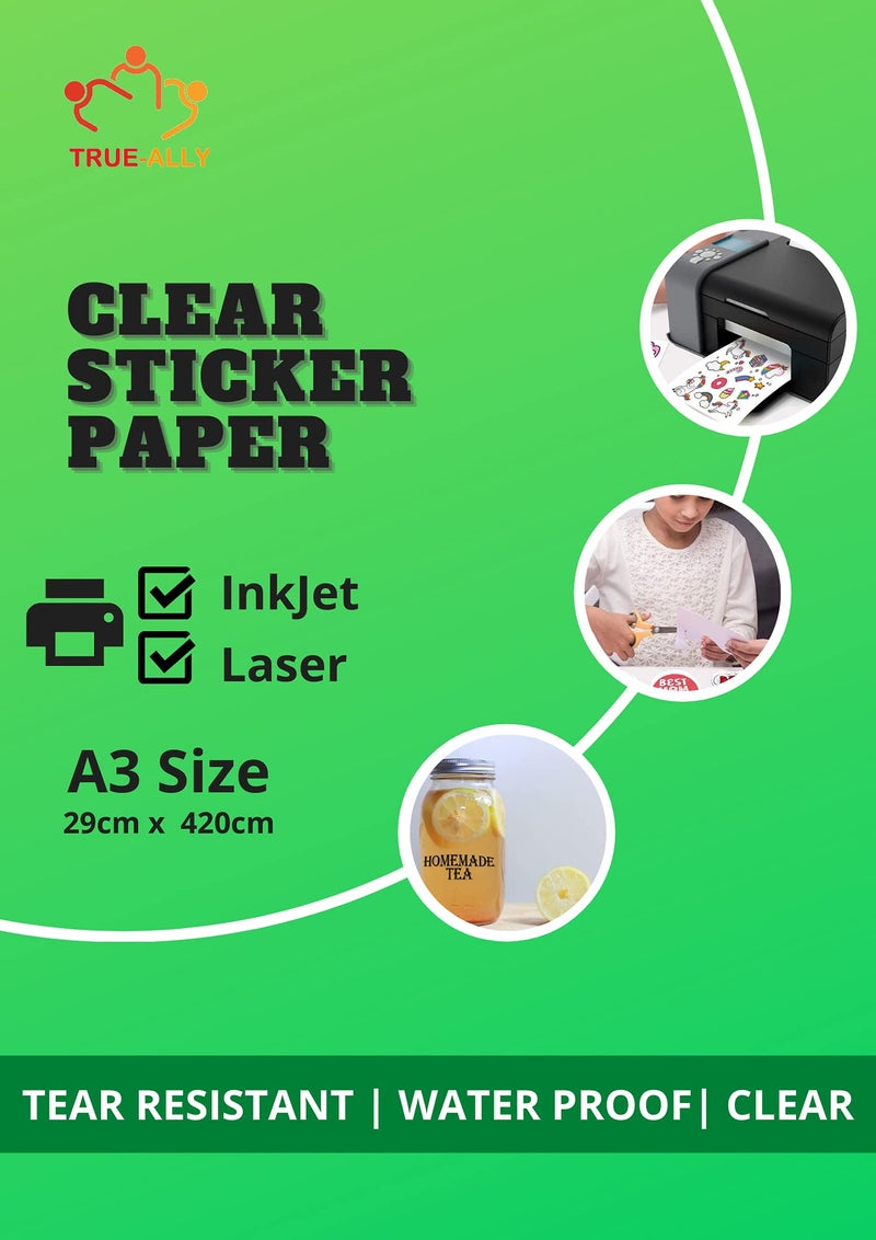True-Ally A3 Clear Self Adhesive Sticker Photo Paper for Inkjet and Laser Printer (Transparent) Waterproof, Dries Quickly, Tear Resistant DIY Sticker printing Label Art (A3-50 Sheets) - Image 1