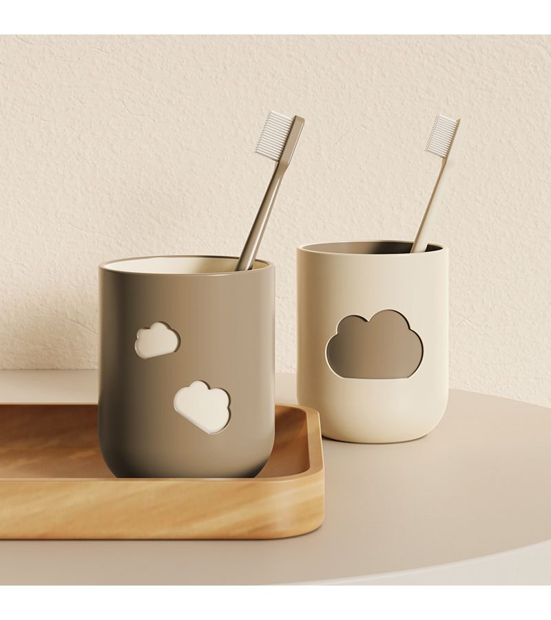 2Pcs Brown Beige Plastic Wash Cups Cloud Design Toothbrush Holder For Bathroom - Image 2