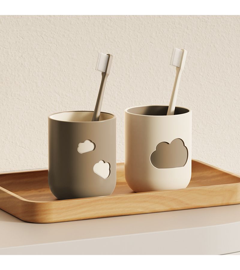 2Pcs Brown Beige Plastic Wash Cups Cloud Design Toothbrush Holder For Bathroom - Image 3