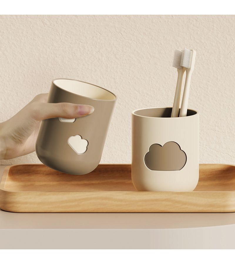 2Pcs Brown Beige Plastic Wash Cups Cloud Design Toothbrush Holder For Bathroom - Image 5