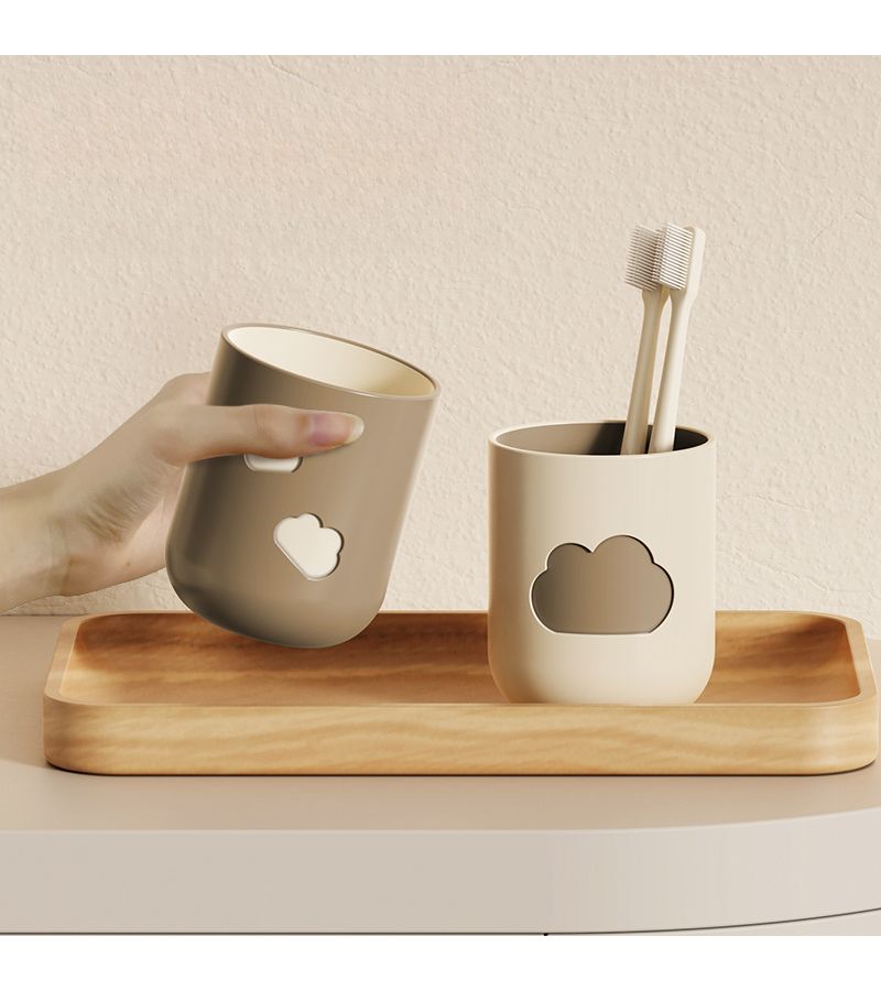 2Pcs Brown Beige Plastic Wash Cups Cloud Design Toothbrush Holder For Bathroom - Image 4