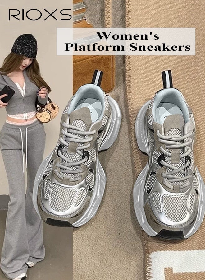 RIOXS Chunky Sneakers for Women, Comfortable Chunky Platform Sneakers, Casual Breathable Mesh Athlesiure Shoes for Ladies, Classic Lace-up Sports Shoes, Lightweight Anti-slip Platform Thick Walking Shoes, Lady Athletic Tennis Shoes for Strolls/ Sports/ Work and Far Beyond, Daily Dad Shoes Grey - Image 2