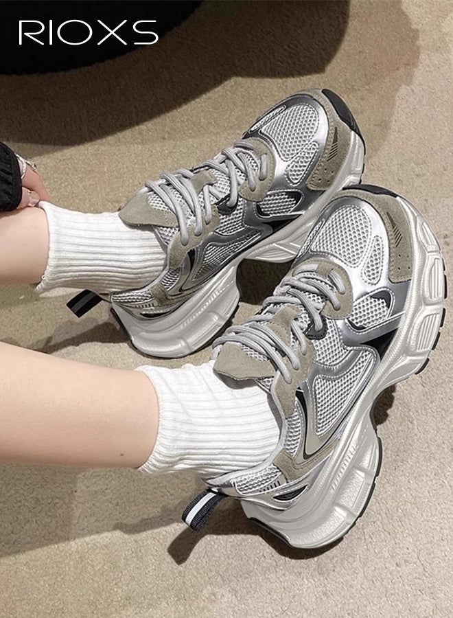 RIOXS Chunky Sneakers for Women, Comfortable Chunky Platform Sneakers, Casual Breathable Mesh Athlesiure Shoes for Ladies, Classic Lace-up Sports Shoes, Lightweight Anti-slip Platform Thick Walking Shoes, Lady Athletic Tennis Shoes for Strolls/ Sports/ Work and Far Beyond, Daily Dad Shoes Grey - Image 1