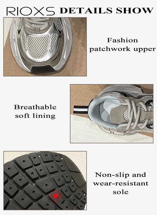 RIOXS Chunky Sneakers for Women, Comfortable Chunky Platform Sneakers, Casual Breathable Mesh Athlesiure Shoes for Ladies, Classic Lace-up Sports Shoes, Lightweight Anti-slip Platform Thick Walking Shoes, Lady Athletic Tennis Shoes for Strolls/ Sports/ Work and Far Beyond, Daily Dad Shoes Grey - Image 4