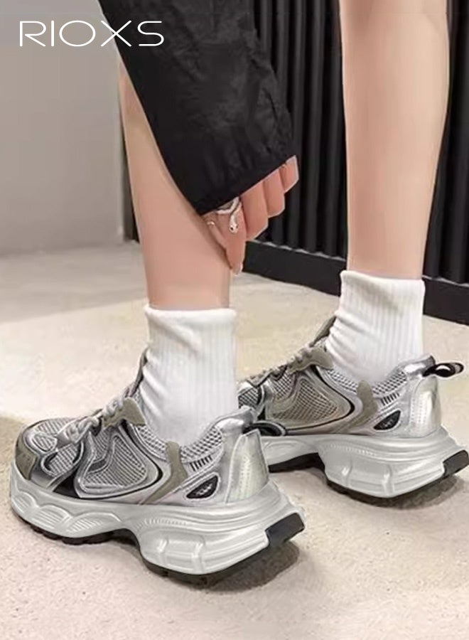 RIOXS Chunky Sneakers for Women, Comfortable Chunky Platform Sneakers, Casual Breathable Mesh Athlesiure Shoes for Ladies, Classic Lace-up Sports Shoes, Lightweight Anti-slip Platform Thick Walking Shoes, Lady Athletic Tennis Shoes for Strolls/ Sports/ Work and Far Beyond, Daily Dad Shoes Grey - Image 3