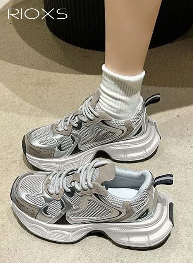 RIOXS Chunky Sneakers for Women, Comfortable Chunky Platform Sneakers, Casual Breathable Mesh Athlesiure Shoes for Ladies, Classic Lace-up Sports Shoes, Lightweight Anti-slip Platform Thick Walking Shoes, Lady Athletic Tennis Shoes for Strolls/ Sports/ Work and Far Beyond, Daily Dad Shoes Grey - Image 5