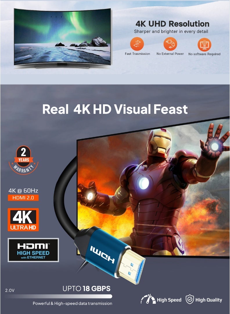 MOWSIL 4K @60Hz HDMI Cable (2m) | 2-Year Warranty | Ultra HD Guaranteed | 2.0 High-Speed | 24K Gold-Plated Connectors |  Best option for all devices including PS5, Xbox Series X/S, Samsung, LG, Home Theater  - Image 2