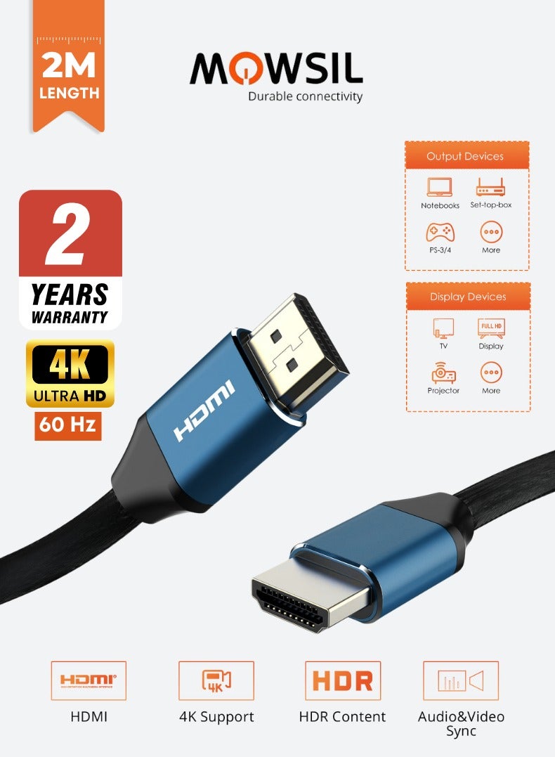MOWSIL 4K @60Hz HDMI Cable (2m) | 2-Year Warranty | Ultra HD Guaranteed | 2.0 High-Speed | 24K Gold-Plated Connectors |  Best option for all devices including PS5, Xbox Series X/S, Samsung, LG, Home Theater  - Image 1