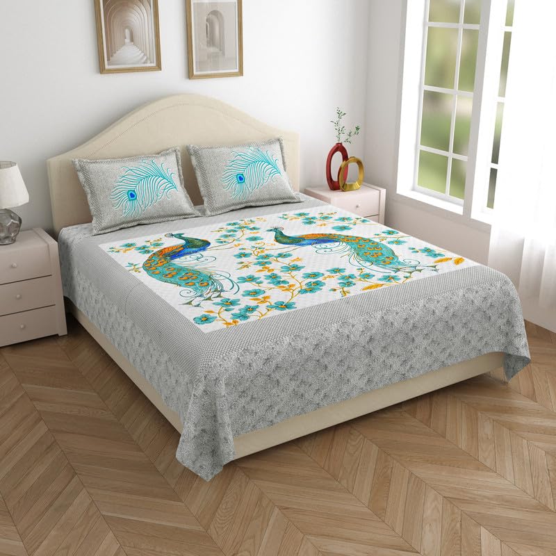 KOTTS & STITCH Jaipuri Peacock Maharaja Cotton Double Bedsheet | with 2 Pillow Covers | 93x108, Fast Colors, Traditional Jaipuri Print, No Skrinage, 210 TC | Blue, Green & Orange Colour - Image 3