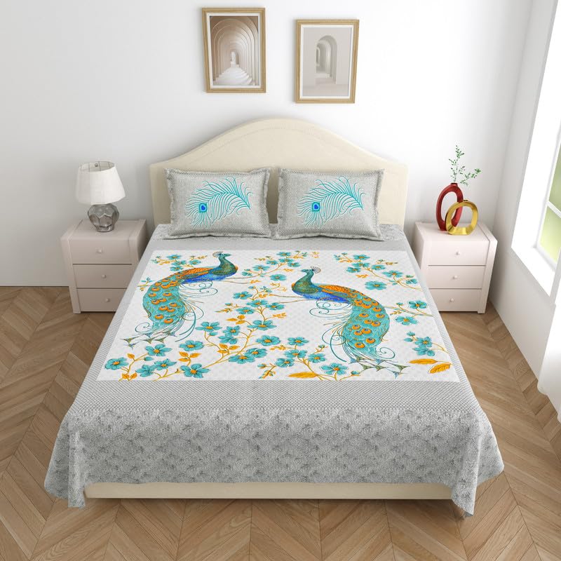 KOTTS & STITCH Jaipuri Peacock Maharaja Cotton Double Bedsheet | with 2 Pillow Covers | 93x108, Fast Colors, Traditional Jaipuri Print, No Skrinage, 210 TC | Blue, Green & Orange Colour - Image 1