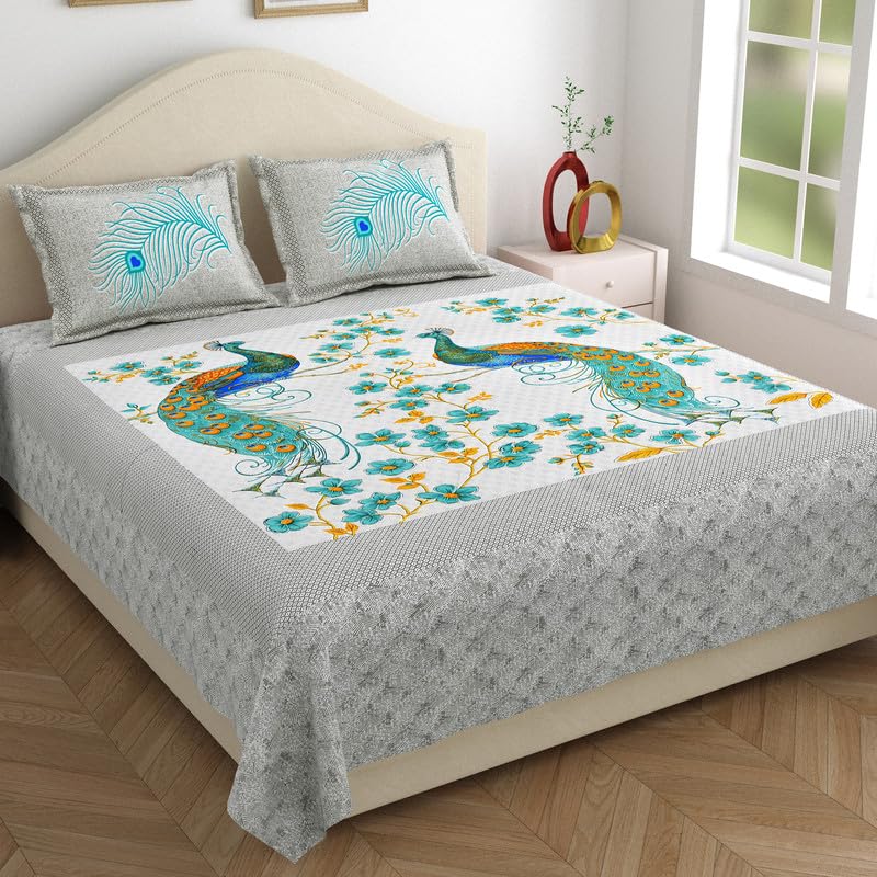 KOTTS & STITCH Jaipuri Peacock Maharaja Cotton Double Bedsheet | with 2 Pillow Covers | 93x108, Fast Colors, Traditional Jaipuri Print, No Skrinage, 210 TC | Blue, Green & Orange Colour - Image 2