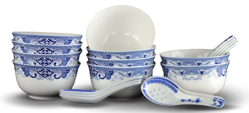 10 Pcs Fine Bone china Blue and White chinese Soup Bowls ceramic Porcelain Bowl  with Free 10 Porcelain Spoons Rice Bowl