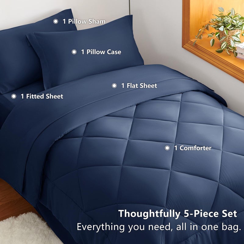 CozyLux Twin Comforter Set with Sheets Navy Blue - 5 Pieces Bed in a Bag Twin, All Season Bed Set for Girls and Boys, Bedding Set with Down Alternative Comforter, Sheets, Pillowcase & Sham - Image 3