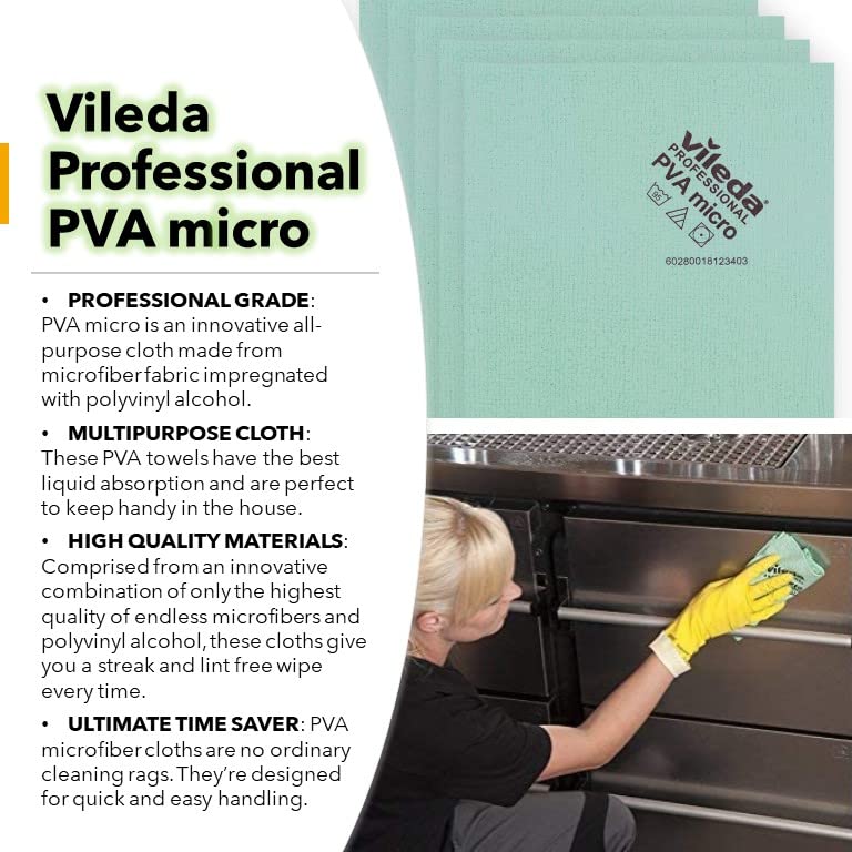 Vileda Professional | PVA Microfiber Green | All Purpose Cleaning Shammy | Shiny Streak Free Results | Synthetic Chamois Towel | Smooth & Absorbent Materials | 5 Pack - Image 2