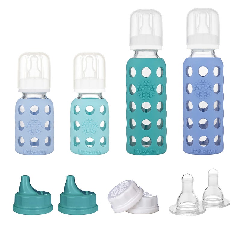 Lifefactory Baby Bottle Starter Set 10-Piece | 4 oz Mint & Blanket, 9 oz Kale & Blueberry | Includes Flat Caps, Sippy Caps, Stage 2 Nipples - Image 1