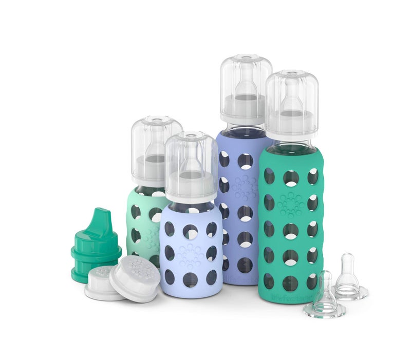 Lifefactory Baby Bottle Starter Set 10-Piece | 4 oz Mint & Blanket, 9 oz Kale & Blueberry | Includes Flat Caps, Sippy Caps, Stage 2 Nipples - Image 2