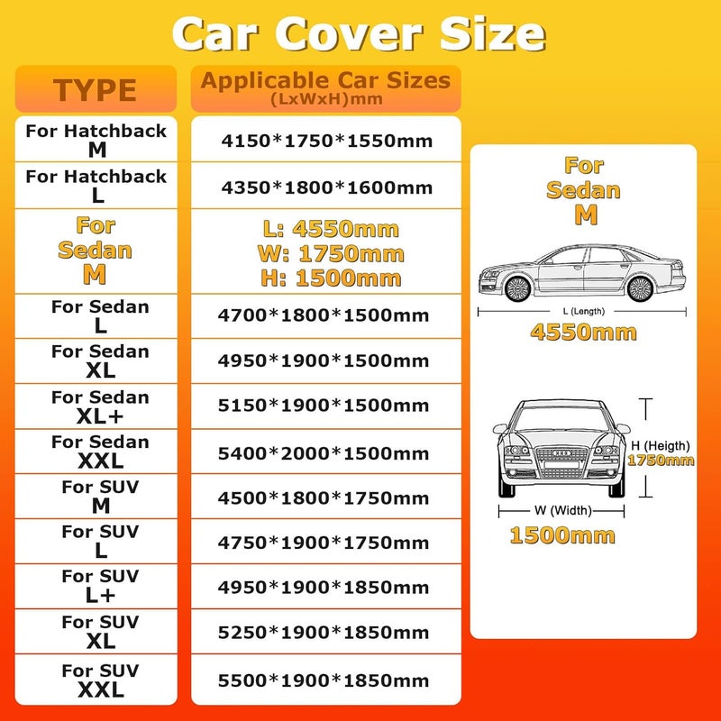 YSOAE Car Cover Waterproof, Hatchback/Sedan/SUV All Weather for Automobiles, Full Exterior Covers with Zipper Cotton, Outdoor Sun Snow Protection Universal (For Sedan M) - Image 3
