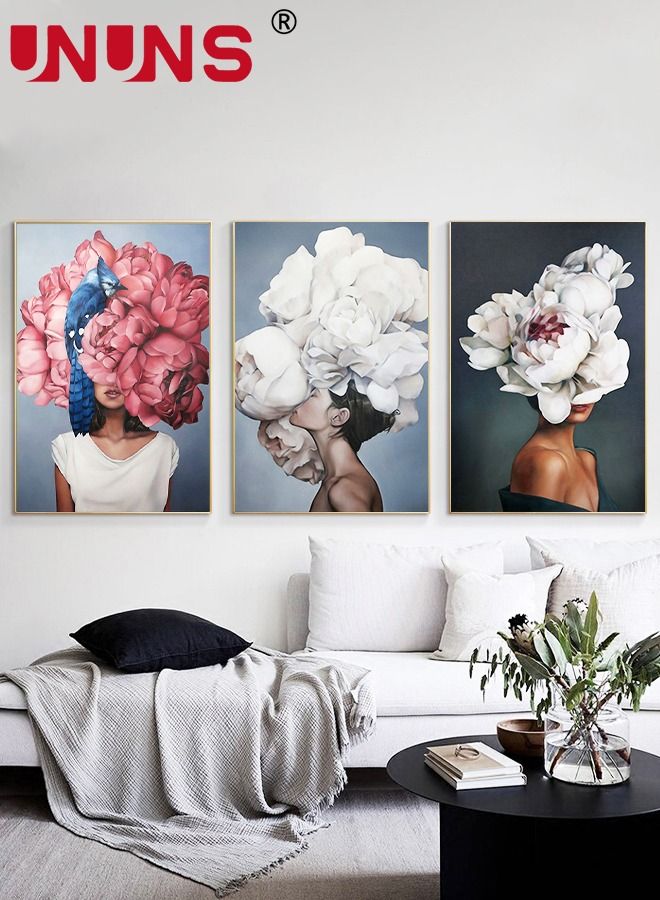 UNUNS 3 قطع تجريدية لديكور المنزل، مطبوعات شخصيات لغرفة المعيشة وغرفة النوم، لوحة فنية جدارية كبيرة حديثة من القماش، 40 × 60 سم (قلب الرسم فقط) - Image 1