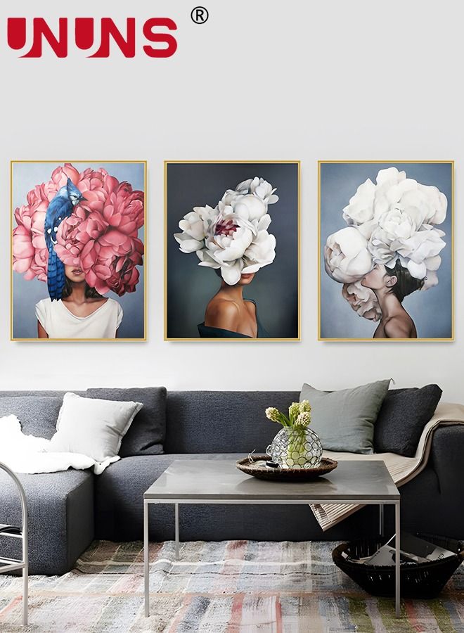 UNUNS 3 قطع تجريدية لديكور المنزل، مطبوعات شخصيات لغرفة المعيشة وغرفة النوم، لوحة فنية جدارية كبيرة حديثة من القماش، 40 × 60 سم (قلب الرسم فقط) - Image 5