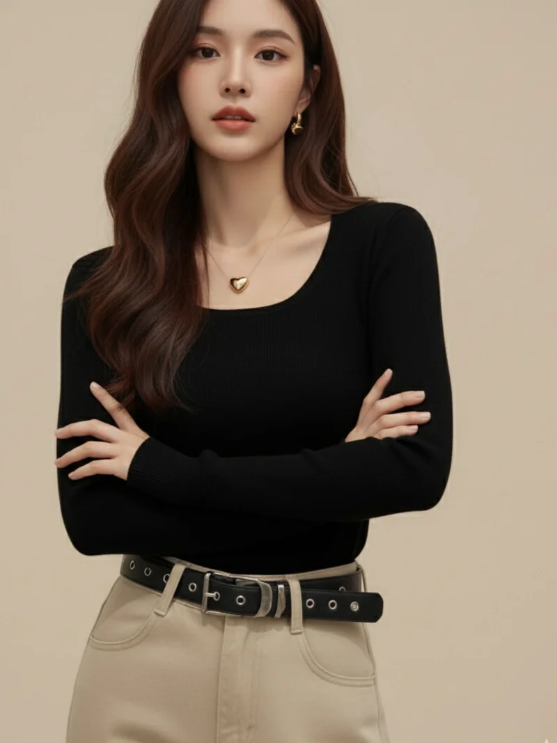 Black Full Sleeve Round U Neck Fitted Top