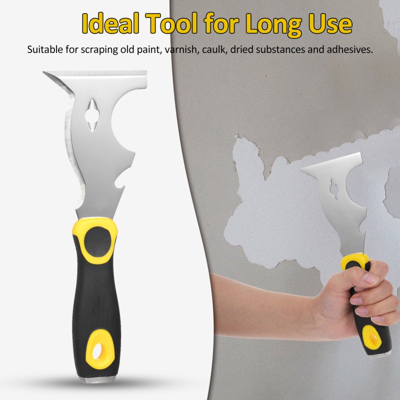 420 Stainless Steel Multifunctional Putty Shovel with Two-Color Anti-Slip Handle, Paint Scraper 10 in 1 Putty Knife Multi-Use Painters Tool, Taping Knife, Paint Scraper Tool for Wood, Metal Scraper with Hammer End - Image 3