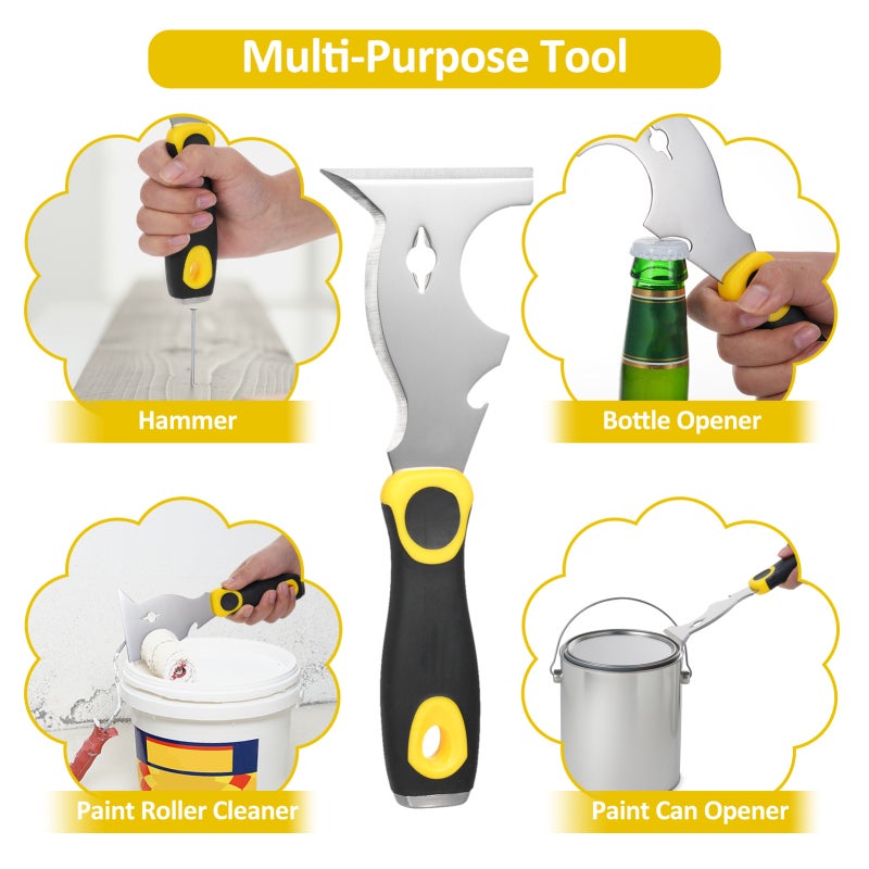 420 Stainless Steel Multifunctional Putty Shovel with Two-Color Anti-Slip Handle, Paint Scraper 10 in 1 Putty Knife Multi-Use Painters Tool, Taping Knife, Paint Scraper Tool for Wood, Metal Scraper with Hammer End - Image 2