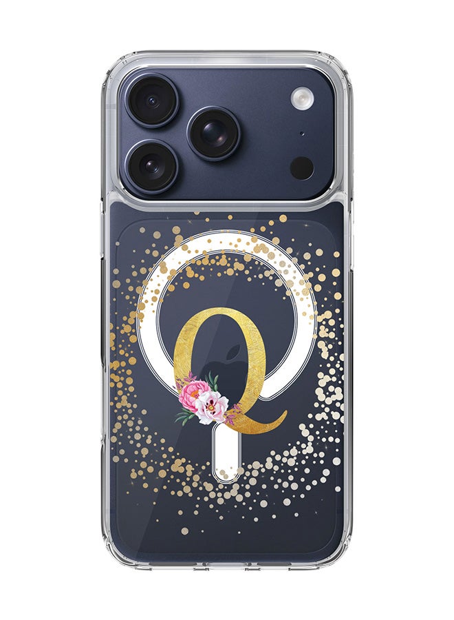 Stylizedd Classic Clear MagSafe Case for iPhone 17 Pro , Hybrid Soft Case Flexible Edges Anti Drop TPU PC Gel Thin Transparent Cover [ Designed for iPhone 17 Pro ] - Custom Monogram Initial Letter Floral Pattern Alphabet - Q  (Clear )