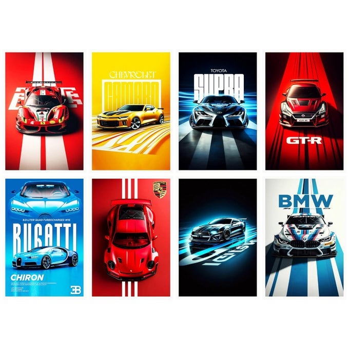 PACK OF 8 SPORTS CARS WALL POSTERS 8X12 INCH A4 SIZE INCLUDED GLUE DOTS WALL DECOR POSTERS WALL ART FOR BEDROOM LIVING ROOM OFFICE DINING ROOMCARDSTOCK