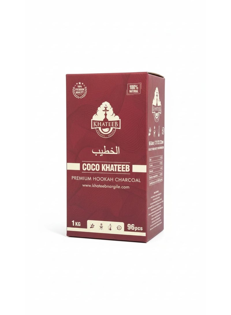 KHATEEB Premium Coconut Shell Charcoal Cubes for Shisha, Hookah & Bakhoor - 1KG (96 Pieces), Long Lasting, Odorless, Smokeless & Low Ash - Natural Grade A473