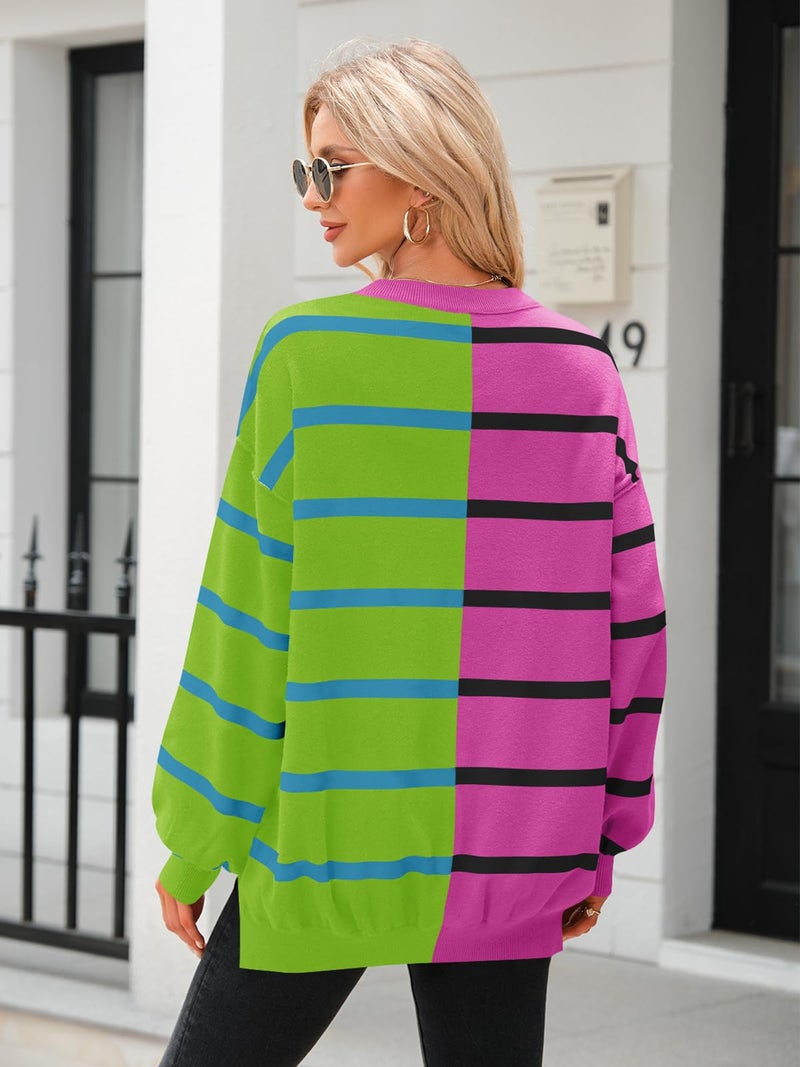 Fisoew Womens Striped Pullover Sweater Crew Neck Long Sleeve Knitted Color Block Casual Loose Lightweight Sweaters for Women Rose Red - Image 4