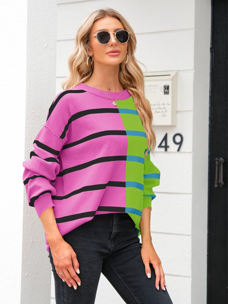 Fisoew Womens Striped Pullover Sweater Crew Neck Long Sleeve Knitted Color Block Casual Loose Lightweight Sweaters for Women Rose Red - Image 3