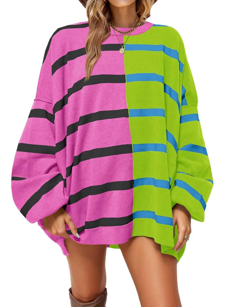 Fisoew Womens Striped Pullover Sweater Crew Neck Long Sleeve Knitted Color Block Casual Loose Lightweight Sweaters for Women Rose Red - Image 1