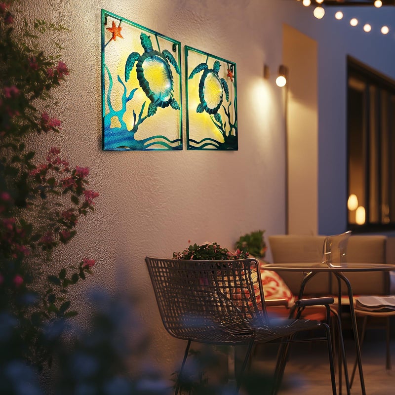 LIFFY Metal Sea Turtle Beach Themed Bathroom Wall Art Decor with Frame-Outdoor Wall Art with LED Fairy Lights, Fish Glass Art Wall Sculpture for Patio,Beach,Garden,Yard,Pool,home gift(2pcs, Blue) - Image 5