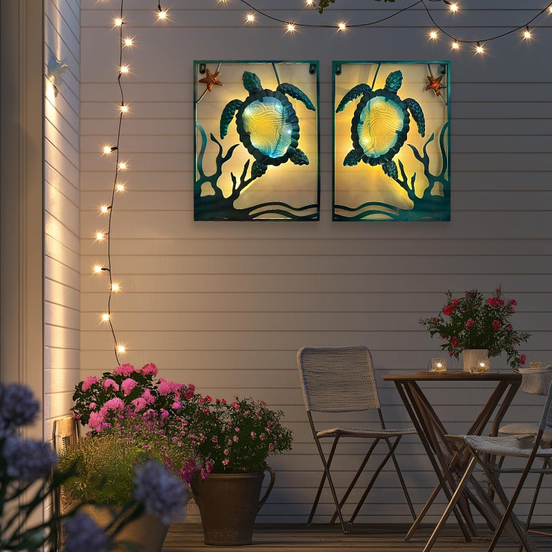 LIFFY Metal Sea Turtle Beach Themed Bathroom Wall Art Decor with Frame-Outdoor Wall Art with LED Fairy Lights, Fish Glass Art Wall Sculpture for Patio,Beach,Garden,Yard,Pool,home gift(2pcs, Blue) - Image 4