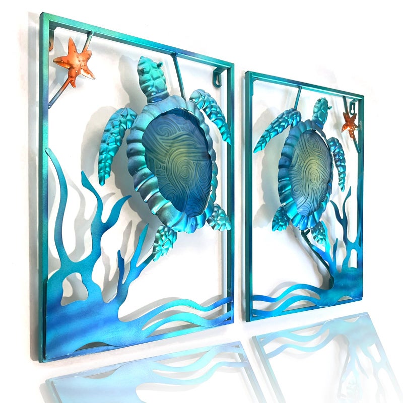 LIFFY Metal Sea Turtle Beach Themed Bathroom Wall Art Decor with Frame-Outdoor Wall Art with LED Fairy Lights, Fish Glass Art Wall Sculpture for Patio,Beach,Garden,Yard,Pool,home gift(2pcs, Blue) - Image 1