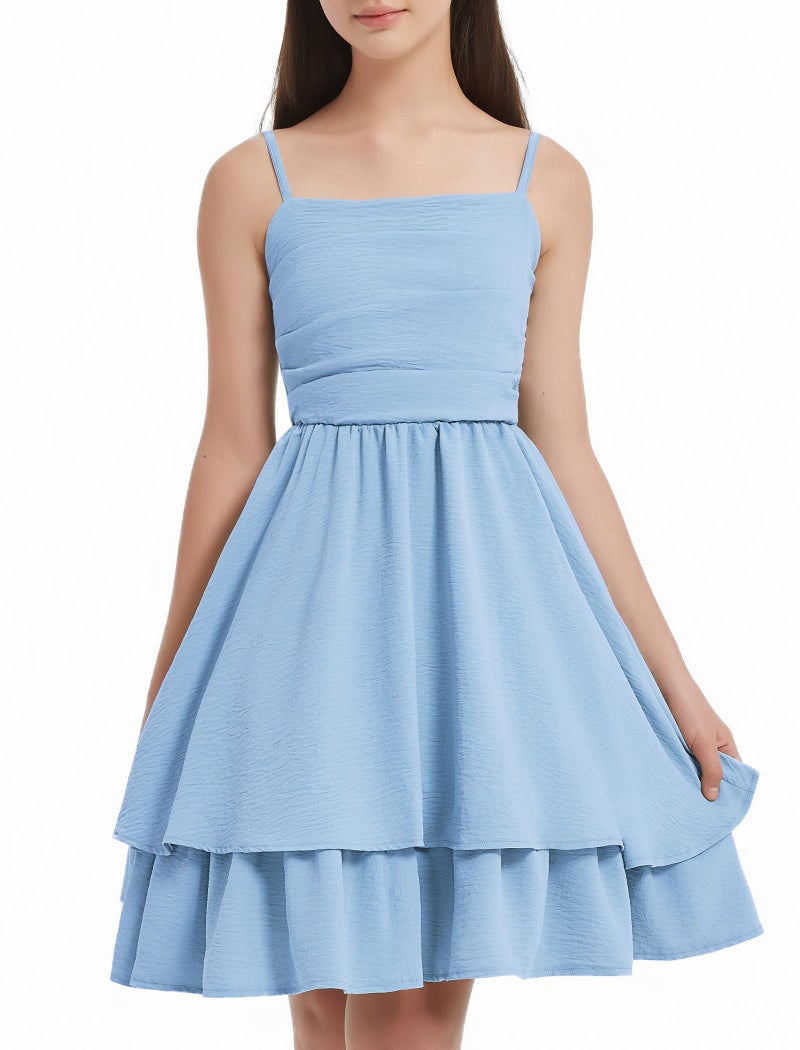 EXARUS Girls Dress Baby Blue Teen Easter Church Formal Back to School Homecoming Dance Casual Tween Swing Ruched Flowy Ruffle Summer Spaghetti Strap Adjustable Outfits Dresses Cami for 12 Years - Image 2