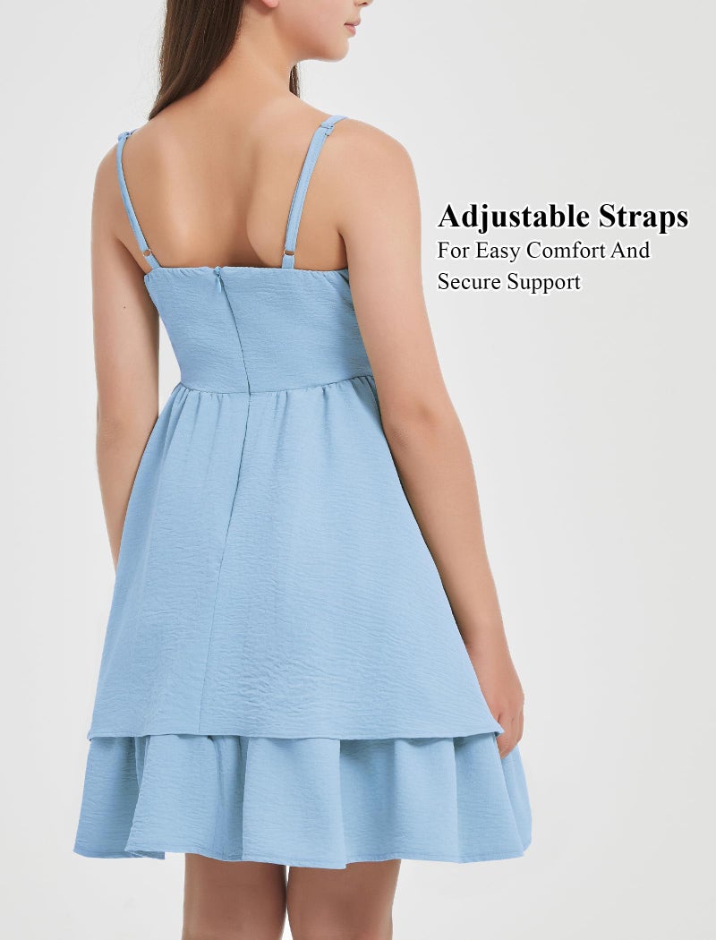 EXARUS Girls Dress Baby Blue Teen Easter Church Formal Back to School Homecoming Dance Casual Tween Swing Ruched Flowy Ruffle Summer Spaghetti Strap Adjustable Outfits Dresses Cami for 12 Years - Image 4