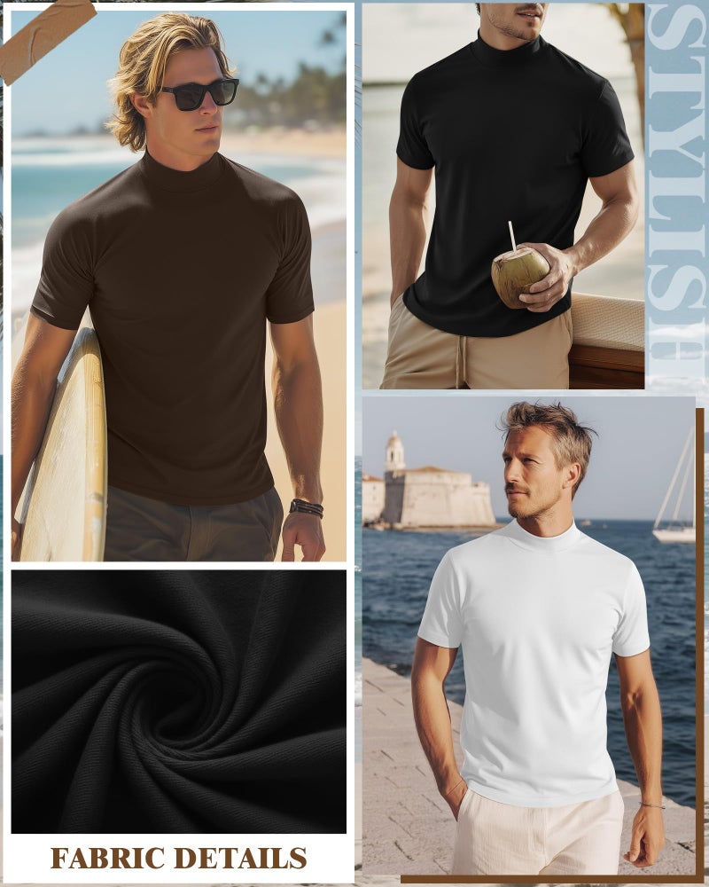 Ficerd 3 Pack Men's Mock Neck T Shirts, Cotton Short Sleeve Turtleneck Tee Shirts Slim Fit Basic Casual Solid Undershirt Tops(Small,Black, White, Brown) - Image 4