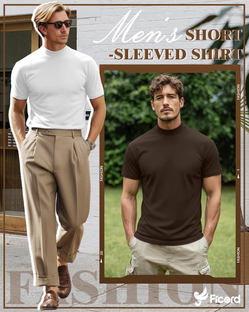 Ficerd 3 Pack Men's Mock Neck T Shirts, Cotton Short Sleeve Turtleneck Tee Shirts Slim Fit Basic Casual Solid Undershirt Tops(Small,Black, White, Brown) - Image 3