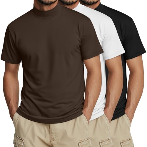 Ficerd 3 Pack Men's Mock Neck T Shirts, Cotton Short Sleeve Turtleneck Tee Shirts Slim Fit Basic Casual Solid Undershirt Tops(Small,Black, White, Brown) - Image 1