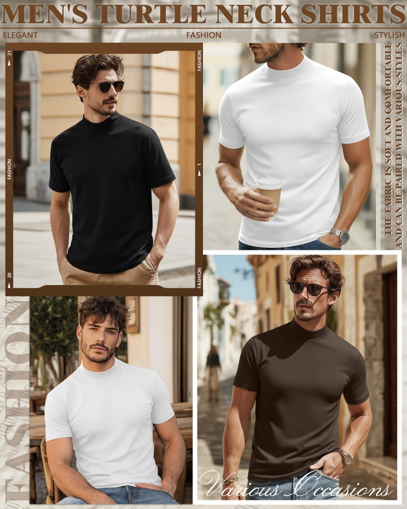 Ficerd 3 Pack Men's Mock Neck T Shirts, Cotton Short Sleeve Turtleneck Tee Shirts Slim Fit Basic Casual Solid Undershirt Tops(Small,Black, White, Brown) - Image 2