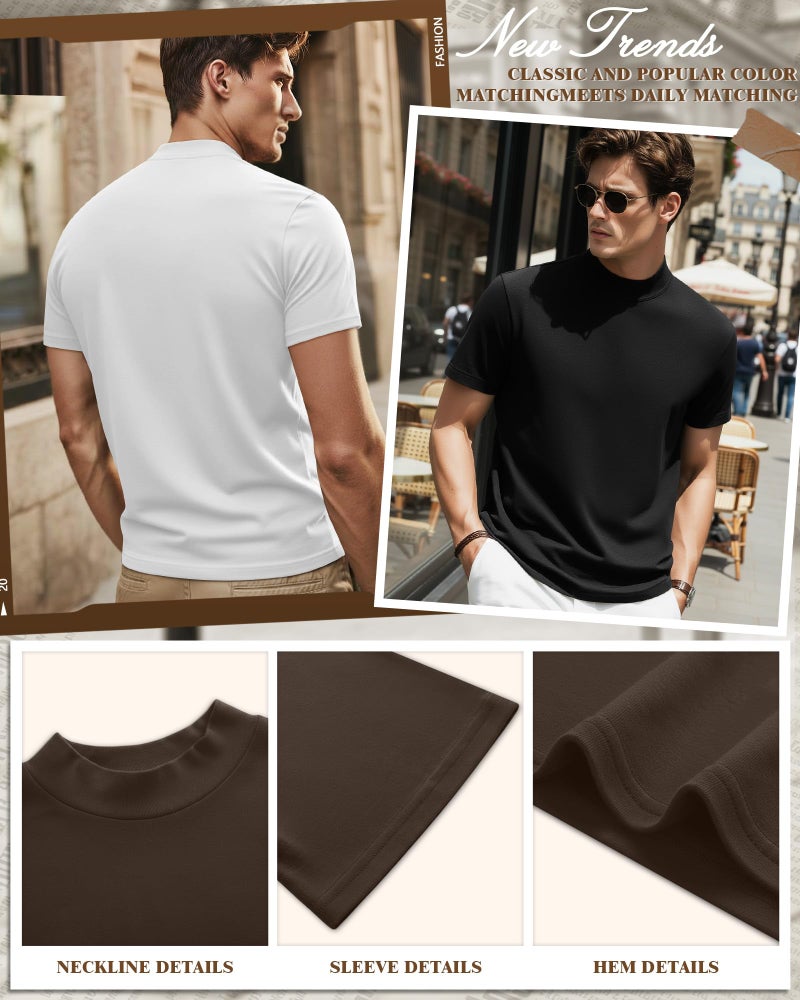 Ficerd 3 Pack Men's Mock Neck T Shirts, Cotton Short Sleeve Turtleneck Tee Shirts Slim Fit Basic Casual Solid Undershirt Tops(Small,Black, White, Brown) - Image 5