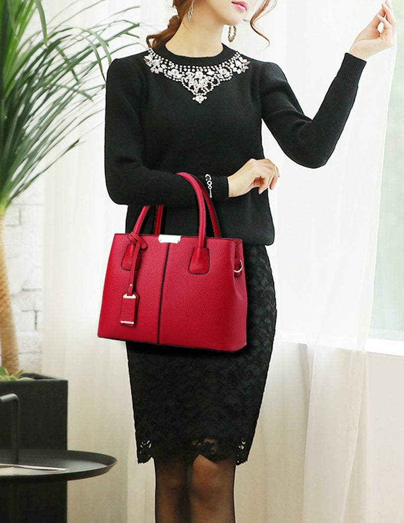Covelin Women's Top-handle Cross Body Handbag Middle Size Purse Durable Leather Tote Bag Wine red - Image 2