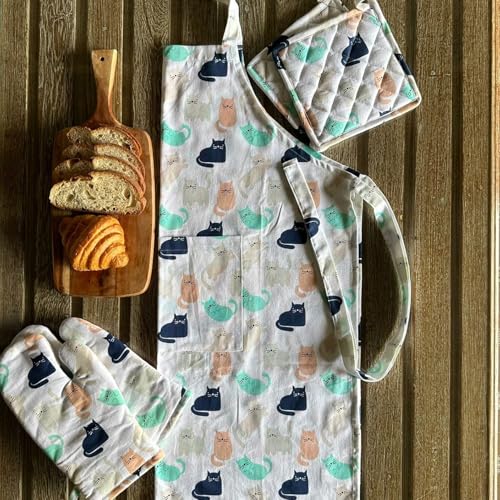 Oak & Lily Kitchen Linen Set | Apron with Heat Resistant, Cushioned Oven Mitts & Pot Holders | 100% Cotton | Washable | Gift for Cooking, Baking & Housewarming (Multicolor Cat Print) - Image 1