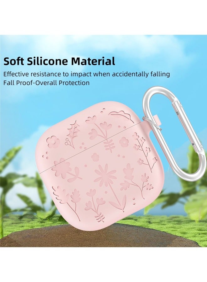 Flower Engraved Case Compatible with AirPods 4 with Keychain, Cute Soft Silicone Shockproof Protective Cover Compatible with Active Noise Cancellation - Image 2