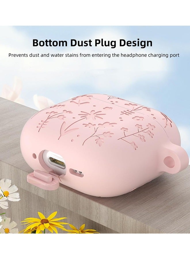 Flower Engraved Case Compatible with AirPods 4 with Keychain, Cute Soft Silicone Shockproof Protective Cover Compatible with Active Noise Cancellation - Image 3