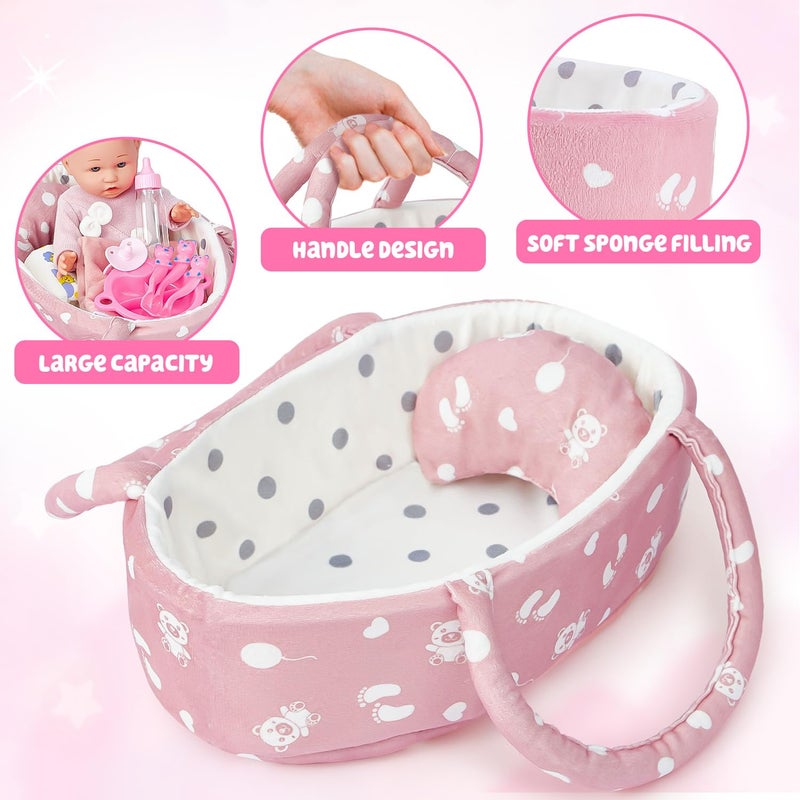 Golray 12" Soft Baby Doll Set with Accessories Bassinet Carrier, 13 Pcs First Toddlers Realistic Baby Doll Crib with Pillow/ Clothes/ Feeding Kit, Pretend Play Toy Birthday Gift for Girls Ages 3 4 5 6 - Image 4