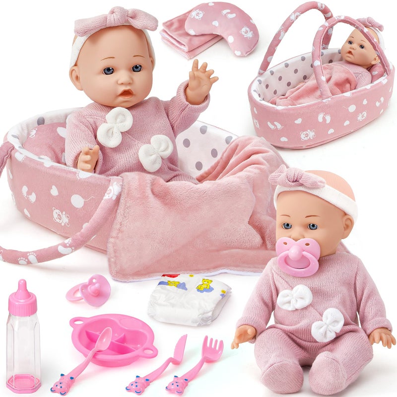 Golray 12" Soft Baby Doll Set with Accessories Bassinet Carrier, 13 Pcs First Toddlers Realistic Baby Doll Crib with Pillow/ Clothes/ Feeding Kit, Pretend Play Toy Birthday Gift for Girls Ages 3 4 5 6 - Image 1